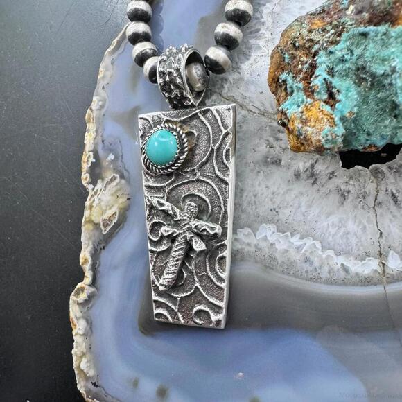 Cheyenne Custer Sterling Silver & Turquoise Dragonfly Tufa Cast Unisex Pendant - Picture 5 of 10